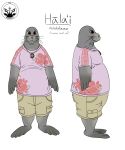  anthro bottomwear brown_eyes cargo_shorts clothing flippers hawaiian hawaiian_monk_seal hālaʻi jewelry male mammal marine marine_mammal model_sheet monocerus necklace obese overweight pink_clothing pink_shirt pink_topwear pinniped seal shirt shorts simple_background smile standing t-shirt text topwear whiskers white_background 