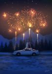  2020 ambiguous_gender anthro canid canine car clothed clothing detailed_background duo fireworks fur light lighting mammal mountain night sitting sky snow snowfoxatheart star tree vehicle white_body white_fur 