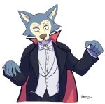  2020 beastars blue_body blue_fur bow_tie canid canine canis cape claws clothed clothing cosplay costume countershading dress_shirt fangs fur habiyeru half-length_portrait legoshi_(beastars) looking_down male mammal portrait shirt signature simple_background solo suit topwear white_background wolf 