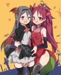  2girls akemi_homura ascot bat black_eyes black_hair blush breasts cape collar commentary_request costume earrings fake_horns fake_wings fang gedou_danshaku gloves graveyard hairband halloween heart heart-shaped_pupils heart_hands jewelry long_hair mahou_shoujo_madoka_magica multiple_girls open_mouth orange_background ponytail red_eyes red_hair ribbon sakura_kyouko saliva saliva_trail scrunchie simple_background skirt small_breasts spiked_collar spikes sweat symbol-shaped_pupils thighhighs tombstone tree_branch wings yuri 