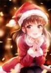  1girl :d bangs black_legwear blush brown_hair chin_rest christmas commentary_request confetti double_bun dress fur-trimmed_dress hat idolmaster idolmaster_cinderella_girls long_hair munakata_atsumi omisoshiru open_mouth purple_eyes red_dress santa_costume santa_dress santa_hat sideways_glance sitting smile solo 