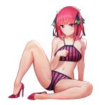  1girl arm_support bangs bare_arms bare_shoulders bikini blunt_bangs blush breasts butterfly_hair_ornament closed_mouth collarbone floral_print full_body go-toubun_no_hanayome hair_ornament high_heels knee_up looking_at_viewer medium_breasts nakano_nino navel pink_bikini pink_footwear pink_hair print_bikini purple_eyes rix2118 short_hair sitting solo spread_legs stomach striped swimsuit two_side_up vertical-striped_bikini vertical_stripes 