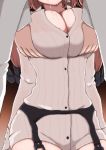  1boy 1girl alumina1863 atlanta_(kantai_collection) breast_grab breasts brown_hair cleavage commentary_request garter_belt grabbing implied_fellatio kantai_collection large_breasts long_sleeves suggestive_fluid 