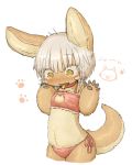  1other animal_ears bangs bell bell_choker blush bra cat_cutout cat_ear_panties cat_lingerie choker cleavage_cutout commentary_request cowboy_shot cropped_legs embarrassed eyebrows_visible_through_hair frilled_bra frills fur furry hands_up highres jingle_bell kawasemi27 made_in_abyss meme_attire nanachi_(made_in_abyss) nose_blush open_mouth panties paws pink_bra pink_choker pink_panties short_hair side-tie_panties simple_background solo tail tears underwear whiskers white_background white_hair yellow_eyes 