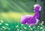  2019 anthro diaper dracky flower fluffy fluffy_tail fur furgonomics grass green_eyes hair holding_tail mammal mephitid outside pacifier pawpads paws plant purple_body purple_fur sitting skunk smile solo tree 