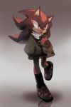  2017 alternate_costume anthro black_body black_fur blizzard_entertainment clothing eating eulipotyphlan food footwear fur hand_in_pocket hedgehog jacket male mammal overwatch pockets pocky red_body red_eyes red_fur shadow_the_hedgehog shirt shoes simple_background solo sonic_the_hedgehog_(series) spacecolonie topwear video_games walking 