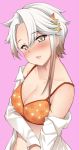  1girl akishimo_(kantai_collection) asymmetrical_bangs asymmetrical_hair bangs bare_shoulders blush bra breasts brown_hair cleavage commentary_request gradient_hair grey_eyes head_tilt kantai_collection kusano_(torisukerabasu) large_breasts looking_at_viewer multicolored_hair orange_bra pink_background shirt short_hair_with_long_locks silver_hair simple_background solo underwear upper_body white_shirt 