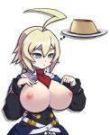  1girl ahoge asura_senki belt blazblue blue_eyes braid breasts breasts_outside cleavage commentary deep_skin english_commentary es_(xblaze) expressionless food highres huge_ahoge huge_breasts impossible_clothes multiple_belts necktie nipples pudding red_neckwear ringed_eyes single_braid slender_waist solo thought_bubble underbust xblaze xblaze_code:_embryo 