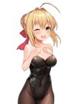  1girl ;d ahoge bare_shoulders blonde_hair breasts brown_legwear cleavage covered_navel fate/extra fate_(series) green_eyes hair_ribbon hands_on_own_chest highres looking_at_viewer medium_breasts nero_claudius_(fate) nero_claudius_(fate)_(all) one_eye_closed open_mouth pantyhose red_ribbon ribbon short_hair simple_background smile solo teeth upper_teeth white_background yoshi8357 
