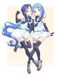  2girls absurdres bangs black_gloves black_legwear black_neckwear black_sailor_collar blue_eyes blue_hair elbow_gloves gloves gradient_hair green_eyes highres kantai_collection long_hair looking_at_viewer low_twintails multicolored_hair multiple_girls neckerchief ribbon sailor_collar samidare_(kantai_collection) school_uniform serafuku shiosoda shirt sleeveless sleeveless_shirt suzukaze_(kantai_collection) swept_bangs thighhighs twintails very_long_hair white_shirt 