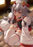  1girl absurdres azur_lane bar_censor blush censored clothed_female_nude_male commentary_request cum ebekus_omom fur_trim grey_hair hair_ornament hetero hibiki_(azur_lane) highres horns indoors long_hair long_sleeves nude open_mouth penis red_eyes sitting sitting_on_person skindentation thigh_sex thighhighs wariza white_legwear 