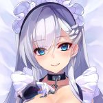  1girl arm_guards azur_lane bangs belfast_(azur_lane) blue_eyes blush braid breasts chain collar collarbone eyebrows_visible_through_hair french_braid frills gloves hand_up long_hair looking_at_viewer maid maid_headdress shirokitsune silver_hair smile solo upper_body white_gloves 