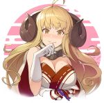  1girl ahoge anila_(granblue_fantasy) blonde_hair blush breasts cleavage commentary_request draph eyebrows eyebrows_visible_through_hair gloves granblue_fantasy hand_to_own_mouth hinami_(hinatamizu) horns large_breasts long_hair looking_at_viewer sheep_horns short_eyebrows smile solo sweat thick_eyebrows upper_body v-shaped_eyebrows wavy_mouth white_gloves yellow_eyes 