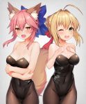  2girls ;d ahoge animal_ear_fluff animal_ears bare_shoulders blonde_hair breasts brown_eyes brown_legwear cleavage collarbone covered_navel fate/extra fate_(series) fox_ears fox_tail green_eyes grey_background hair_between_eyes hair_ribbon hands_on_own_chest highres looking_at_viewer medium_breasts multiple_girls nero_claudius_(fate) nero_claudius_(fate)_(all) one_eye_closed open_mouth pantyhose pink_hair red_ribbon ribbon short_hair simple_background smile tail tamamo_(fate)_(all) tamamo_no_mae_(fate) teeth upper_teeth white_background yoshi8357 