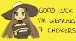  1girl bangs black_choker borvar brown_hair choker commentary crossed_arms dark_skin english_commentary english_text forehead green_eyes hat long_hair meme original parted_bangs snap_my_choker_(phrase) solo sun_hat yellow_background 