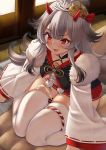  1girl azur_lane bar_censor blush censored clothed_female_nude_male commentary_request cum ebekus_omom fur_trim grey_hair hair_ornament hetero hibiki_(azur_lane) highres horns indoors long_hair long_sleeves nude open_mouth penis red_eyes sitting sitting_on_person skindentation thigh_sex thighhighs wariza white_legwear 