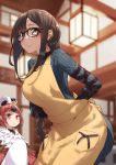  2girls apron arms_behind_back bangs benienma_(fate/grand_order) bird_hat black_gloves blurry blurry_background blush braid breasts brown_eyes brown_hair brown_headwear choker consort_yu_(fate) dress ear_piercing earrings elbow_gloves fate/grand_order fate_(series) feather_trim glasses gloves grey_dress japanese_clothes jewelry kimono large_breasts leaning_forward long_hair long_sleeves looking_at_viewer low_ponytail magic_chocolate multiple_earrings multiple_girls parted_bangs piercing red_eyes red_hair red_kimono ribbed_dress single_braid small_breasts smile turtleneck_dress tying_apron very_long_hair wide_sleeves yellow_apron 