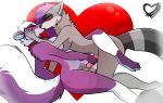  anthro biped blush breasts chastity_cage chastity_device collar domination eyes_closed female female_domination fur grey_body grey_fur gynomorph hair hi_res intersex kissing luna_(raccoon) mammal masturbation mephitid nude nymii paws penis procyonid purple_body purple_fur purple_hair raccoon romantic_ambiance simple_background skunk submissive submissive_female 