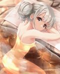  1girl :o akisaka_yamoka arm_support ass back bangs bathing blush breasts brown_eyes commentary_request eyebrows_visible_through_hair from_side hair_bun highres hisakawa_nagi idolmaster idolmaster_cinderella_girls lens_flare looking_at_viewer looking_to_the_side nude onsen parted_lips partially_submerged shoulder_blades side_bun silver_hair sitting small_breasts solo steam stone_floor towel water 