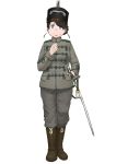  1girl absurdres anyan_(jooho) blue_eyes boots braid braided_bun brown_hair commentary_request full_body grey_jacket grey_pants hand_on_own_chest hat highres jacket korean_commentary long_sleeves looking_at_viewer mandarin_collar military military_uniform open_mouth original pants shako_cap simple_background solo standing sweatdrop sword uniform weapon white_background 