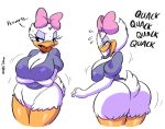  2020 anatid anseriform anthro avian beak big_breasts big_butt bird blush bodily_fluids bottomless bow breasts butt cleavage clothed clothing crossed_arms daisy_duck dialogue digital_media_(artwork) disney duck english_text eyelashes eyes_closed eyeshadow female half-closed_eyes hi_res joaoppereiraus laugh makeup narrowed_eyes non-mammal_breasts open_beak open_mouth signature simple_background solo sound_effects sweat sweatdrop text thick_thighs white_background 