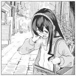  1girl alternate_costume bag commentary_request glasses greyscale hairband jacket kantai_collection leaning_forward long_hair monochrome ooyodo_(kantai_collection) outdoors road semi-rimless_eyewear sign smile solo street sweater under-rim_eyewear upper_body yokoshima_pengin 