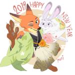  1:1 2019 anthro asian_clothing canid canine clothed clothing disney duo east_asian_clothing english_text fox fur grey_body grey_fur japanese_clothing judy_hopps kimono lagomorph leporid looking_at_viewer mammal nick_wilde one_eye_closed orange_body orange_fur purple_eyes rabbit red_fox smile text wink yasiplay zootopia 