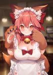  1girl animal_ear_fluff animal_ears apron bell bell_collar blush bow breasts cat_hair_ornament cat_paws cleavage closed_mouth collar fate/grand_order fate_(series) fox_girl fox_tail gloves hair_between_eyes hair_bow hair_ornament highres indoors jingle_bell looking_at_viewer maid_headdress naked_apron orange_eyes paw_gloves paws pink_hair red_bow short_hair solo tail tamamo_(fate)_(all) tamamo_cat_(fate) white_apron yoshi8357 