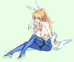  1girl ahoge animal_ears artoria_pendragon_(all) artoria_pendragon_(swimsuit_ruler)_(fate) bare_shoulders blonde_hair blue_legwear blue_neckwear blush braid breasts bunny_ears bunnysuit card cleavage collarbone detached_collar fate/grand_order fate_(series) feather_boa fishnet_legwear fishnets french_braid green_eyes high_heels highleg highleg_leotard large_breasts legs leotard long_hair looking_at_viewer navel_cutout playing_card ponytail sidelocks simple_background sitting smile solo thigh_strap tiara tooya_daisuke white_footwear white_leotard wrist_cuffs 