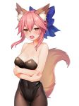  1girl animal_ear_fluff animal_ears bare_shoulders breasts brown_eyes brown_legwear cleavage collarbone covered_navel fate/extra fate_(series) fox_ears fox_tail hair_between_eyes highres medium_breasts open_mouth pantyhose pink_hair simple_background solo tail tamamo_(fate)_(all) tamamo_no_mae_(fate) white_background yoshi8357 