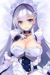  1girl arm_guards arm_under_breasts azur_lane bangs belfast_(azur_lane) blue_eyes blush braid breasts chain cleavage collar collarbone dress eyebrows_visible_through_hair french_braid frills gloves hand_up large_breasts long_hair looking_at_viewer maid maid_headdress shirokitsune silver_hair simple_background smile solo upper_body white_background white_gloves 