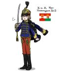  1girl =3 anyan_(jooho) austria-hungary black_footwear blue_eyes blue_jacket boots brown_hair commentary_request full_body hat highres holding holding_weapon jacket korean_commentary long_pants long_sleeves mandarin_collar military military_uniform open_mouth original pants red_pants short_hair simple_background solo sword teeth uniform weapon white_background 