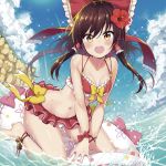  1girl anklet bare_arms bare_shoulders barefoot bell bikini bikini_skirt blue_sky bow breasts brown_hair caustics cliff cloud collarbone commentary_request day fisheye floating_hair flower frilled_bow frills groin hair_bow hair_flower hair_ornament hair_tubes hakurei_reimu hibiscus inflatable_raft jewelry jingle_bell long_hair looking_at_viewer minamura_haruki navel ocean open_mouth orange_eyes outdoors red_bikini red_bow red_flower revision sky small_breasts solo sparkle sunlight swimsuit touhou v_arms water yellow_bow 