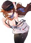  1girl beret black_bikini_top black_headwear black_legwear blue_scarf blush breasts brown_hair closed_eyes clothing_request cowboy_shot evangelion:_3.0_you_can_(not)_redo grandialee grey_skirt hat highres long_hair medium_breasts miniskirt neon_genesis_evangelion rebuild_of_evangelion scarf skirt solo suzuhara_sakura tagme white_background 