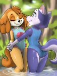  anthro anthrofied blue_eyes breasts butt canid canine canis clothing diacordst domestic_dog duo everest_(paw_patrol) eyes_closed female female/female frilly fur gloves_(marking) hand_holding husky interlocked_fingers mammal markings multicolored_body multicolored_fur nordic_sled_dog one-piece_swimsuit outside partially_submerged paw_patrol rear_view simple_background skye_(paw_patrol) small_breasts smile spitz standing swimwear two_tone_body two_tone_fur water 