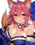  1girl :q animal_ears bare_shoulders blue_ribbon blush breasts cleavage fate/extra fate_(series) fox_ears fox_girl fox_tail hair_between_eyes hair_ribbon highres large_breasts looking_at_viewer pink_hair ribbon simple_background solo tail tamamo_(fate)_(all) tamamo_no_mae_(fate) tongue tongue_out upper_body white_background yellow_eyes yoshi8357 