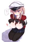  1girl between_breasts black_gloves black_legwear blonde_hair blue_eyes blush breasts breasts_outside from_above gloves graf_zeppelin_(kantai_collection) hair_between_eyes hat heart highres kantai_collection kusanagi_tonbo long_hair looking_at_viewer military military_hat military_uniform necktie necktie_between_breasts nipples pantyhose pleated_skirt seiza sitting skirt solo sweatdrop translated uniform 