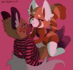  2019 aggressive_retsuko ailurid blush bodily_fluids bra brown_body brown_fur clothing eye_contact female female_on_top fur genital_fluids haida hyaenid inner_ear_fluff larger_male looking_at_another male mammal on_top orange_body orange_fur penis red_background red_panda retsuko romantic_couple sanrio sex simple_background sintastein size_difference small_dom_big_sub smaller_female spotted_hyena tuft underwear white_ears 
