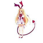  1girl blonde_hair demon_girl demon_tail demon_wings disgaea earrings flonne flonne_(fallen_angel) full_body hairband hands_together harada_takehito heart heart_earrings highres jewelry long_hair long_sleeves official_art open_mouth pointy_ears red_eyes red_footwear ribbon simple_background solo standing tail tail_ribbon thigh_ribbon v_arms white_background wings 