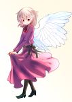  1girl black_legwear blush buna_shimeji_(keymush) closed_mouth dress feathered_wings full_body gradient gradient_background green_footwear high_heels holding_skirt kishin_sagume looking_at_viewer purple_dress red_eyes short_hair single_wing smile solo touhou walking white_hair wings 