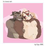  2020 anthro belly blush canid canine duo edgaa goemon_(tas) hug hugging_from_behind male male/male mammal moobs navel nipples one_eye_closed overweight overweight_male raccoon_dog simple_background tanuki text tokyo_afterschool_summoners video_games wink 