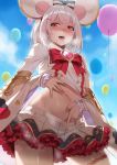  1girl animal_ears balloon bangs blue_sky blurry blurry_background blush bow day deras granblue_fantasy hair_ornament hairband hairclip heavy_breathing highres lifted_by_self long_sleeves looking_at_viewer midriff mouse_ears navel open_mouth outdoors pleated_skirt red_eyes shirt shirt_lift short_hair silver_hair skirt skirt_pull sky solo vikala_(granblue_fantasy) white_shirt white_skirt wide_sleeves 