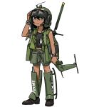  anyan_(jooho) bag black_footwear black_hair black_shirt brown_eyes closed_mouth commentary dark_skin dog_tags english_commentary full_body green_shorts hand_on_own_head headset helmet highres looking_at_viewer mecha_musume medium_hair original pocket rotor shirt shorts simple_background sleeveless standing uh-1_iroquois vest watch white_background wristwatch 
