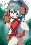  &gt;_&lt; 1girl animal_ears ass backpack bag bangs blue_eyes blurry blurry_background blush brown_gloves claw_pose closed_eyes commentary_request depth_of_field dog_ears dog_girl dog_tail eyebrows_visible_through_hair flying_sweatdrops gloves green_hair grey_headwear hair_between_eyes hand_up helmet highres kaban_(kemono_friends) kemono_friends kemonomimi_mode makuran open_mouth paw_gloves paws red_shirt shirt short_hair short_sleeves shorts solo standing tail thought_bubble wavy_mouth white_shorts 