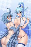  2girls ahoge aqua_(konosuba) aqua_hair ass back bikini bird_wings blue_background blue_eyes blue_gloves blue_hair blush breast_grab breasts checkered checkered_background cleavage cowboy_shot crossover elbow_gloves eyebrows_visible_through_hair feathers gloves grabbing hair_between_eyes hair_bobbles hair_ornament hair_rings kono_subarashii_sekai_ni_shukufuku_wo! large_breasts lindaroze long_hair looking_at_viewer looking_back medium_breasts medium_hair midriff monster_musume_no_iru_nichijou multiple_girls open_mouth orange_eyes papi_(monster_musume) patterned_background sideboob skindentation smile straight_hair string_bikini swimsuit thighhighs thighs watermark web_address white_bikini white_legwear wings 