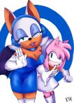  amy_rose anthro breasts chiropteran cleavage clothed clothing cosplay duo eulipotyphlan female footwear fur gloves green_eyes hair handwear headphones hedgehog looking_at_viewer makeup mammal one_eye_closed open_mouth rokkerth rouge_the_bat sega smile sonic_the_hedgehog sonic_the_hedgehog_(series) space_channel_5 teeth tongue video_games wings wink 