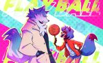  5_fingers anime anthro basketball belt black_hair blue_body blue_fur blue_hair brand_new_animal brown_body brown_fur canid canine canis chest_tuft clothed clothing duo eyes_closed female fingers fluffy fluffy_tail fur gloves hair handwear holding_object jacket male mammal michiru_kagemori open_mouth raccoon_dog rainboopz shirou_ogami short_hair studio_trigger tanuki topwear tuft white_body white_fur wolf 