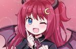  1girl ;d bangs black_capelet blue_eyes blush capelet crescent crescent_hair_ornament demon_girl demon_horns demon_wings eyebrows_visible_through_hair fang frilled_sleeves frills hair_ornament hands_up horns index_finger_raised long_hair long_sleeves neck_ribbon nichika_(nitikapo) nijisanji one_eye_closed open_mouth purple_wings red_hair red_ribbon ribbon smile solo two_side_up upper_body virtual_youtuber wings yuzuki_roa 