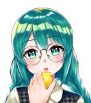  .live 1girl absurdres black-framed_eyewear blush braid collared_shirt eyebrows_visible_through_hair food fruit glasses green_eyes green_hair green_nails highres holding kagura_suzu_(.live) lemon light long_hair looking_at_viewer nail_polish narita_tamezou open_mouth semi-rimless_eyewear shiny shiny_hair shirt sidelocks simple_background solo twin_braids under-rim_eyewear upper_body very_long_hair virtual_youtuber white_background white_shirt 