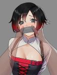  1girl arms_behind_back bangs bdsm belt black_eyes black_hair blush bondage bound breasts brown_belt carlo_montie cleavage corset eyebrows_visible_through_hair gag gagged gradient_hair grey_background hands_on_another&#039;s_face multicolored_hair nose_blush pov red_belt red_hair ruby_rose rwby short_hair shrug_(clothing) simple_background sweat tears transparent upper_body white_sleeves 